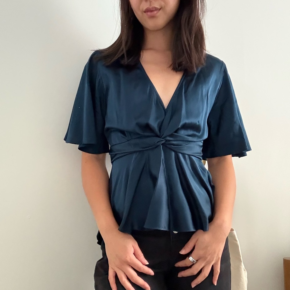 A.L.C. Alma Silk Flutter Sleeve Midnight Blue V-Neck Blouse